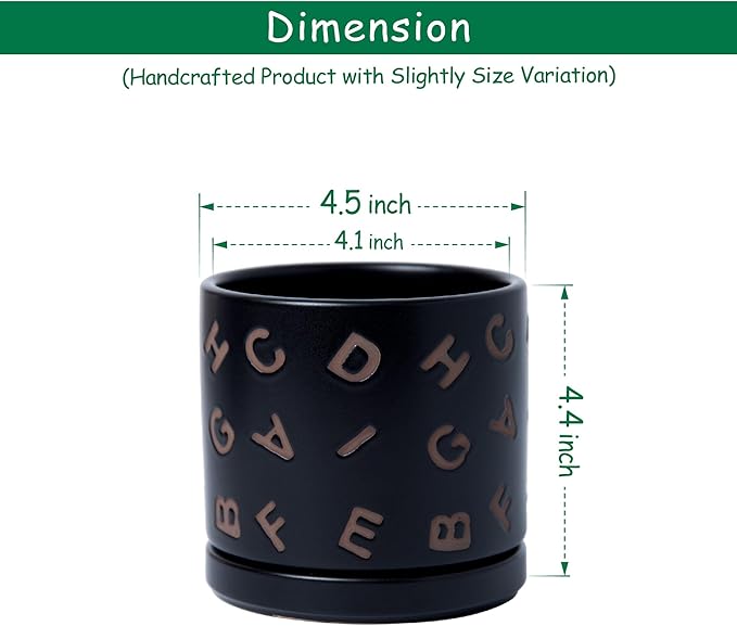 D'vine Dev Set of 2 Ceramic Planter Pots with Drainage Hole and Saucer, 4.5 Inch Plant Pots for Plants Indoor Houseplants, Black, 99-Z-G-2-V