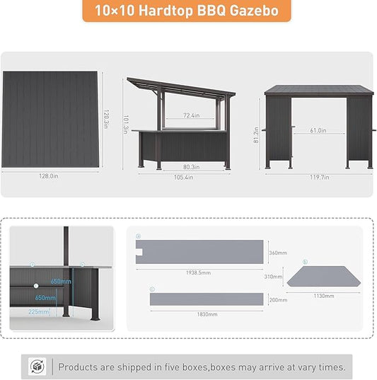 Kullavik 10' x 10' Hardtop Grill Gazebo Canopy, Outdoor Galvanized Steel BBQ Lean to Gazebo with 2 Side Shelves for Barbecue and Picnic, Metal Grill Tent for Patios, Gardens, Lawns