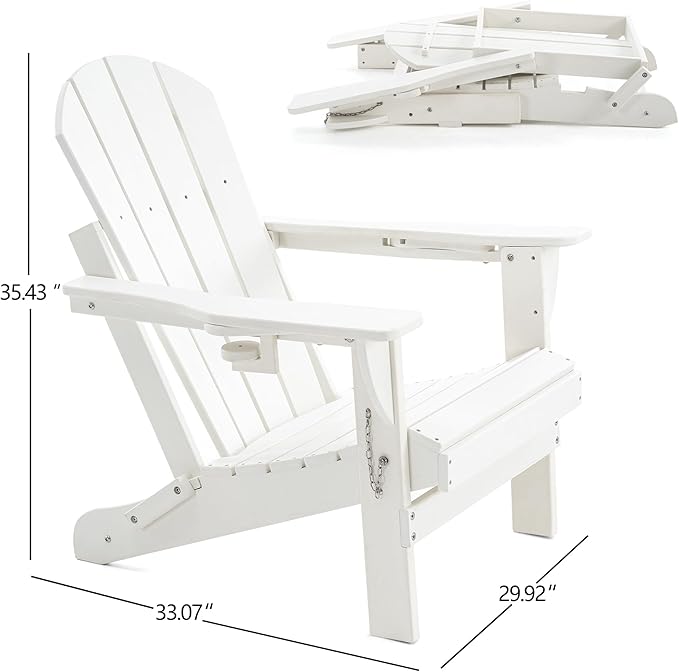 Folding Adirondack Chair, HDPE Outdoor Texture Lawn Chair with Reclining Back, Cup and Phone Holder - Comfortable Firepit Chair Weather Resistant for Patio or Backyard (White, Set of 2)
