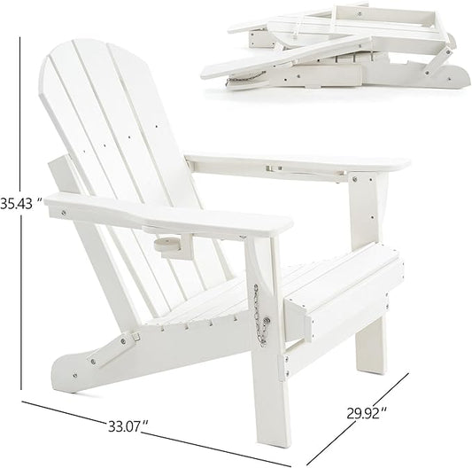 Folding Adirondack Chair, HDPE Outdoor Texture Lawn Chair with Reclining Back, Cup and Phone Holder - Comfortable Firepit Chair Weather Resistant for Patio or Backyard (White, Set of 2)