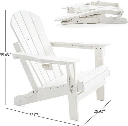 Folding Adirondack Chair, HDPE Outdoor Texture Lawn Chair with Reclining Back, Cup and Phone Holder - Comfortable Firepit Chair Weather Resistant for Patio or Backyard (White, Set of 4)