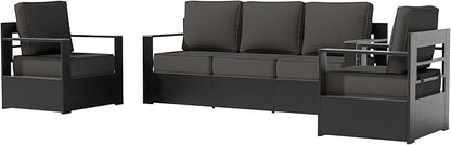 3 PCS Aluminum Patio Conversation Set - Outdoor 3-Seater Sofa, 2 Fixed Chair with 6" Thick Water-insistant Cushions, All-Weather Use Frame, Removable Cover, Ideal for Garden, Poolside (Grey)