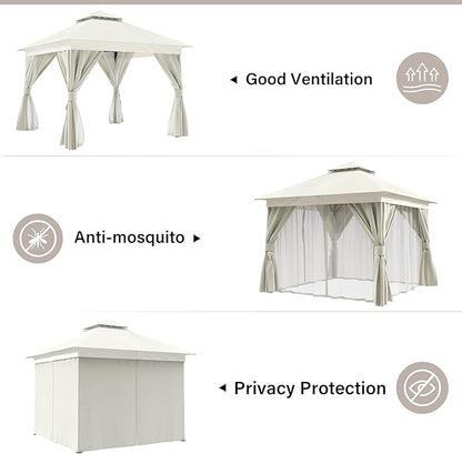 LAUSAINT HOME Outdoor Patio Gazebo 10'x10' with Expansion Bolts, Heavy Duty Gazebos Shelter Party Tent with Double Roofs, Mosquito Nettings and Privacy Screens for Backyard, Garden, Lawn, Cream White