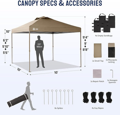 CROWN SHADES Gazebo 10x10 Pop Up Canopy with Mosquito Netting, Screen Tent with 4 Ropes, 8 Stakes, 4 Sandbags and Wheeled Storage Bag, Canopy for Patio & Backyard, Beige
