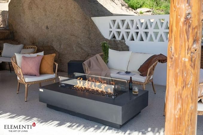 Elementi+ | Bundle Positano Gas Fire Pit Cast Concrete 60" Rectangular Fire Table, Outdoor Fire Pit Electronic Ignition | Canvas Cover, Fire Glass and Burner Lid Included | Dark Gray | Propane Gas