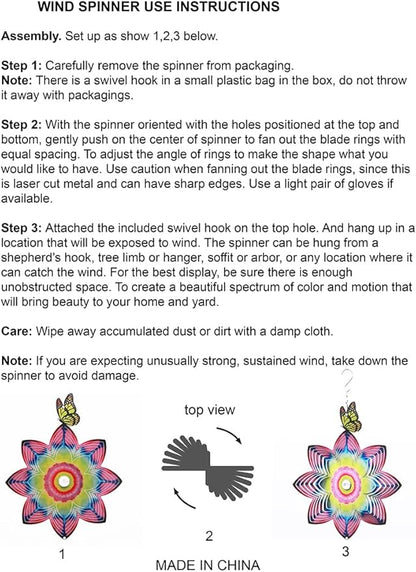 SPRING SONG Butterfly on Mandala Flower Wind Spinner for Yard and Garden Stainless Steel Spinner Indoor and Outdoor Hanging Decor Crafts Ornament Gifts Kinetic Art Yard Garden Hanging Wind Spinner