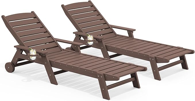 SERWALL Patio Chaise Lounge Chair Set of 2, 78'' Long 5-Positions Adjustable HDPE Outdoor Lounge Chair for Pool, Poly Lounge Chair with Rolling Wheels & Cup Holder for Poolside, Deck, Coffee Brown