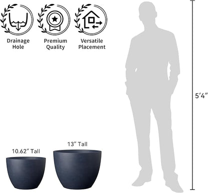 Kante 14.2 Inch Round Concrete Planter - Classic Large Indoor/Outdoor Plant Pot with Drainage Hole and Rubber Plug, Suitable for Gardens and Patios, Charcoal Finish with Forest Green Interior