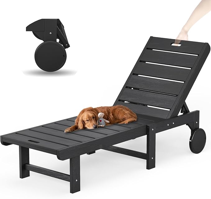 Outdoor Chaise Lounge Chairs, 26.8” Super Wide Lounge Chair Outdoor, HDPS Pool Chairs with 5 Positions, Patio Lounge Chair with Wheels for Pool,Lawn,Backyard, Black