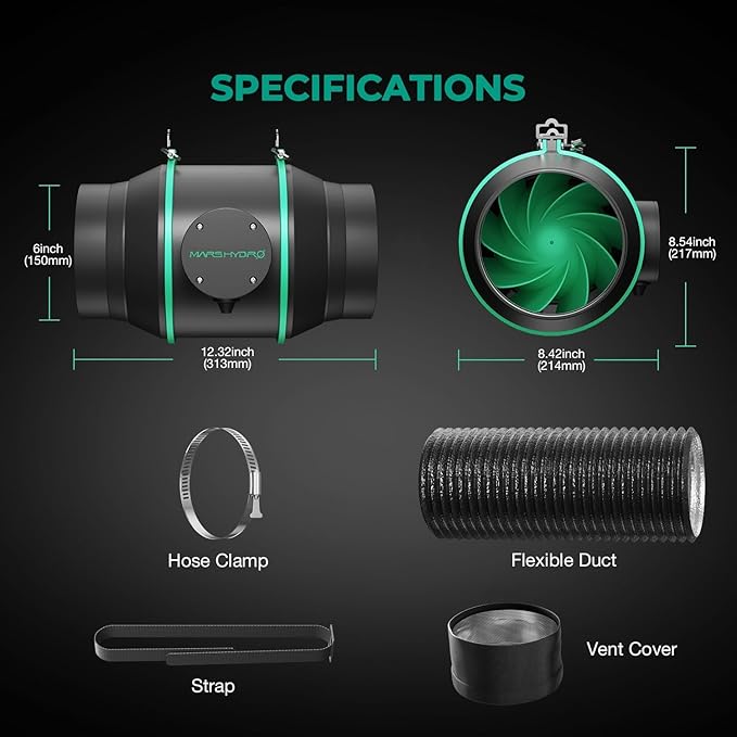 MARS HYDRO 6 Inch Inline Fan and Filter, with Temperature and Humidity Controller, and 25 Feet Ducting, Exhaust Fan for Grow Tents, Hydroponics
