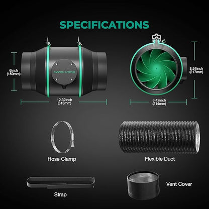 MARS HYDRO 6 Inch Inline Fan and Filter, with Temperature and Humidity Controller, and 25 Feet Ducting, Exhaust Fan for Grow Tents, Hydroponics