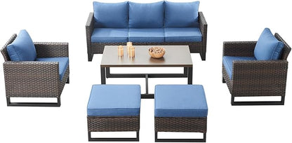 Rilyson Wicker Outdoor Patio Furniture Set - 6 Piece Patio Conversation Set with 2 Armrest Chairs,2 Rattan Ottoman,1 Couch and 1 Metal Side Table for Outside Porch Deck Backyard(Brown/Blue)