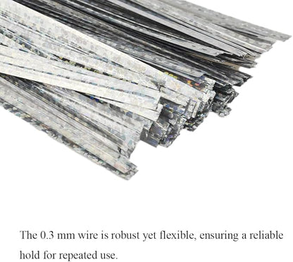 HAHIYO 300Pcs 4inches Holographic Silver Metal Twist Ties Bread Candy Coffee Bag Ties Plant Garden Twist Ties for Cellophane Treat Bags Gift Wraping Bags Plastic Bags Party Cake Present Art Crafts