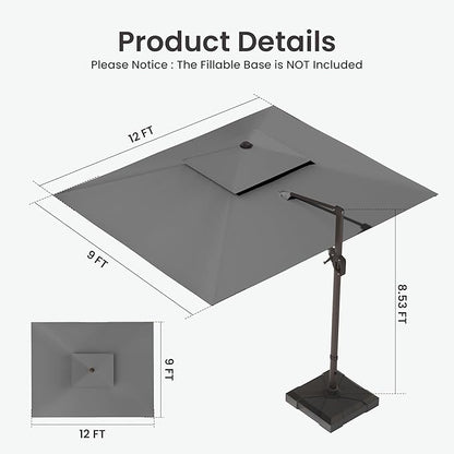 9x12 FT Cantilever Patio Umbrella with Base Included Double Top Outdoor Rectangular Large Heavy Duty Aluminum Offset Umbrellas with 7 Level Tilt 360-degree Rotation for Pool Garden Deck, Grey