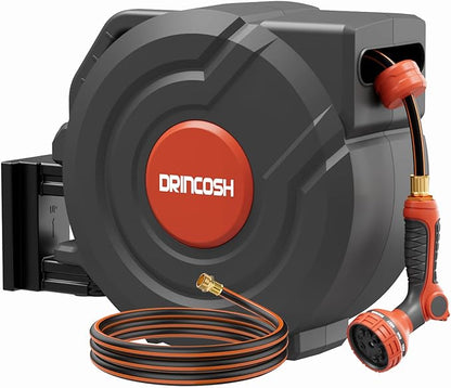 Upgraded Retractable Garden Hose Reel 1/2 in x 100 ft PRO 180° Swivel Metal Bracket Automatic Slow Return Heavy Duty Wall-Mounted Hose Reel Any Length Lock 9 Pattern Nozzle UV Resistant