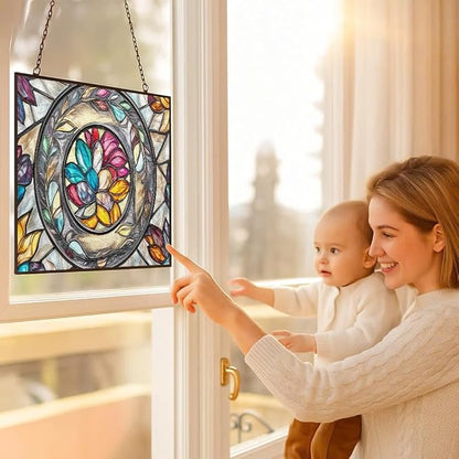Customized Rectangle Floral Ring Suncatcher Stained Glass Window Hangings Sun Catchers Colorful Ornament Gifts for Women Mom Wife Halloween Christmas Housewarming