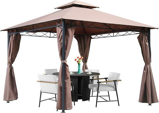 10'x10' Outdoor Patio Canopy Rain-Proof Pop Up Gazebo UV-Resistant Canopy Tent with Double Roof Tops Curtain for Backyard, Patio and Garden, Brown