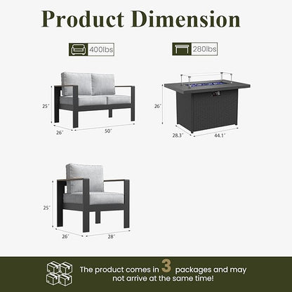 LayinSun 4 Piece Aluminum Outdoor Furniture Set with Fire Pit Table, Outside Patio Deep Seating Conversation Set with Upgraded Washable Thick Cushion