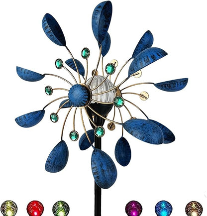 NUENUN Wind Spinner Outdoor Metal - Multi-Color Seasonal LED Lighting Solar Powered Glass Ball with Kinetic Wind Spinner Dual Direction for Patio Lawn & Garden (Blue with Light)