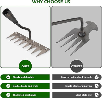 Iron Weeding Rake 2.0, New 5/6/7/8 Teeth Carbon Steel Garden Weeder Rakes, Weeder Puller Tool for Yard Lawn and Garden, Heavy Duty Metal Rake for Lawn, Flower Beds & Soil Aeration (7 Teeth)
