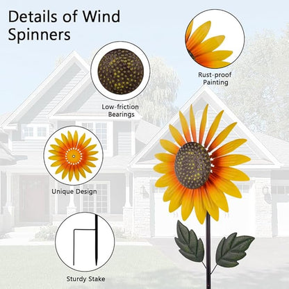 Yard Wind Spinner Outdoor,Garden Wind Spinners & Wind Sculptures,Sunflower Windmills Lawn Decor,Metal Flower Garden Pinwheels for Yard,12.8 * 57 Inches