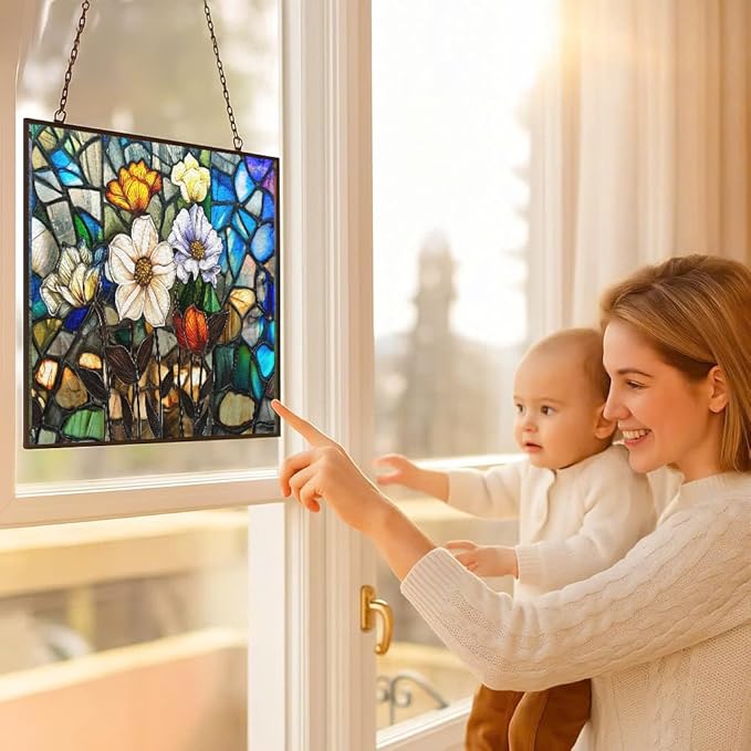 Customized Rectangle Lotus in The Lake Stained Glass Window Hanging, Stained Glass Suncatcher for Women, Window Decor Perfect Home Décor