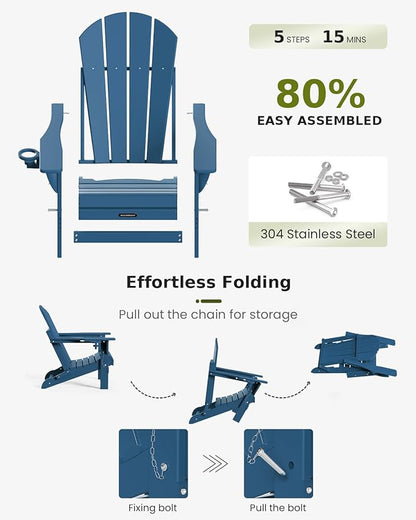 MUCHENGHY Folding Adirondack Chairs and Table Set, Outdoor Chair, Adirondack Chair Plastic, Fire Pit Chair, Weather Resistant with Cup Holder for Deck, Backyard, Garden(Navy Blue, 3-Piece)