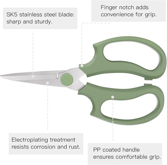 Housolution Flower Scissors, Strong Floral Shears, Premium Steel Pointed Garden Pruning Shears Floral Fruits Leaf Scissors Hand Pruner Snip Trimming Tool for Gardening Flower Arrangement,Avocado Green