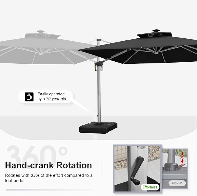PURPLE LEAF 10 Feet Double Top Deluxe Solar Powered LED Square Patio Umbrella Offset Hanging Umbrella Outdoor Market Umbrella Garden Umbrella, Black