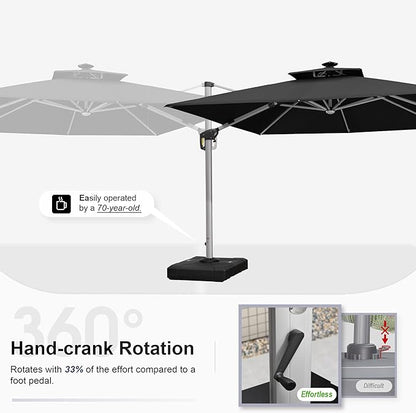 PURPLE LEAF 10 Feet Double Top Deluxe Solar Powered LED Square Patio Umbrella Offset Hanging Umbrella Outdoor Market Umbrella Garden Umbrella, Black