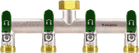 4 Way Garden Hose Splitter, Heavy Duty Brass Nickel Plated Rust Resistant Faucet Manifold, 3/4" Frost Resistant Outdoor Hose Adapter Connector，Hose Spigot Adapter with 4 large Green handles