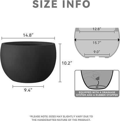 Kante 15.7" Dia Round Concrete Planter, Outdoor/Indoor Large Bowl Plant Pots with Drainage Hole and Rubber Plug for Garden Patio Balcony Home, Black