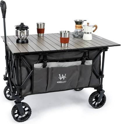 Whitsunday Folding Collapsible Utility Wagon, 400Lbs Heavy Duty Outdoor Park Beach Wagon with Table and Side Pocket for Garden Camping Sports Shopping Grey
