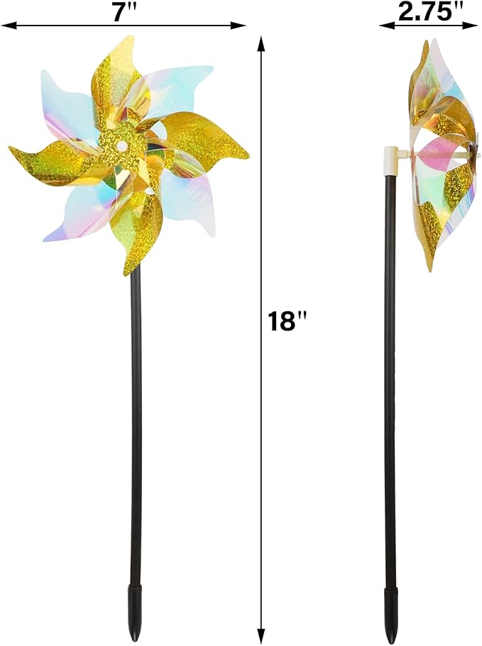 winemana 12 Pcs Reflective Pinwheels Outdoor, Wind Spinners for Yard & Garden, Sparkly Bird Repellent Windmill Scare Birds Away, Deterrent Devices for Outside Patio Lawn Spring Decor (Yellow)
