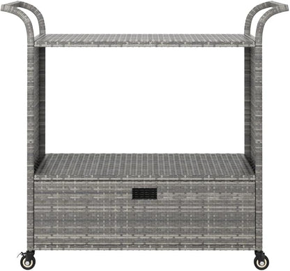 Outdoor Rolling Wicker Bar Cart with Drawer, Portable Bar Cart with Wheels, Patio Kitchen Island Cart for Pool Deck Backyard, Gray 39.4"x17.7"x38.2" Poly Rattan -461