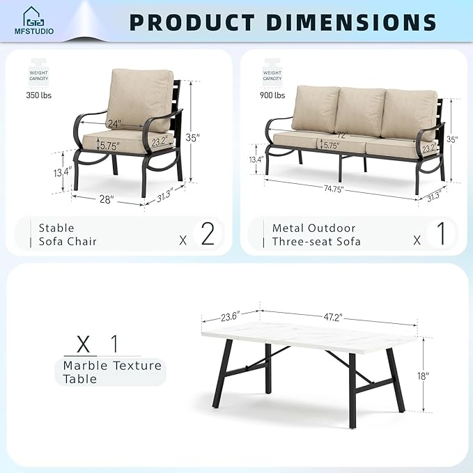 MFSTUDIO 4 Pieces Patio Conversation Set, 5 Seats Metal Outdoor Furniture Sets with 1 x 3-Seat Sofa, 2 Single Chairs,1 Coffee Table, All Weather Steel Frame Patio Sets with 5.75inch Beige Cushions