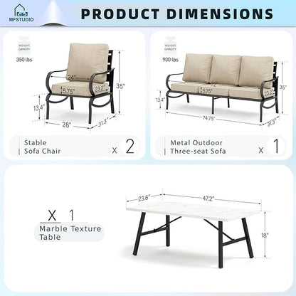 MFSTUDIO 4 Pieces Patio Conversation Set, 5 Seats Metal Outdoor Furniture Sets with 1 x 3-Seat Sofa, 2 Single Chairs,1 Coffee Table, All Weather Steel Frame Patio Sets with 5.75inch Beige Cushions