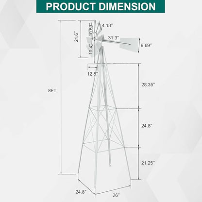 Garden Windmill for Yard Decor, 8 ft Tall Metal Windmill with Spinning Blades, Weather-Resistant Outdoor Windmill for Lawn, Farmhouse, Rustic & Farm Decor,White