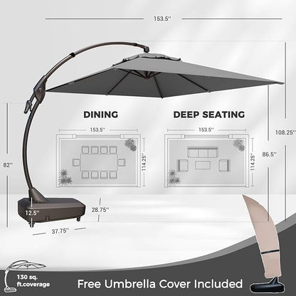 Grand patio 10x13 FT Cantilever Umbrella Outdoor Aluminum Rectangle Offset Umbrella Canopy with Base & Cover for Pool Garden (Gray, 10x13 FT)