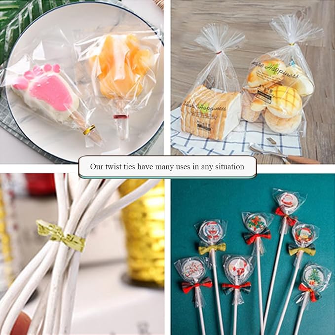 HAHIYO 350Yards/1050Feet/320M Gold Metal Twist Ties for Bread Candy Coffee Plant Garden Cellophane Treat Bags Gift Wrapping Plastic Halloween Party Cake and Craft Projects
