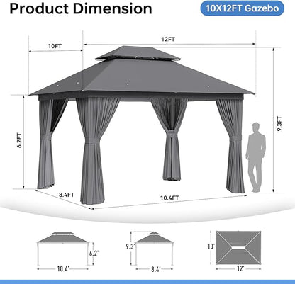 Outdoor Gazebo Metal Frame Patio Pergola Double Roofs Patio Canopy with Double-Layer Door and Mosquito Netting for Deck, Backyard, Lawn (Grey, 10x12FT)