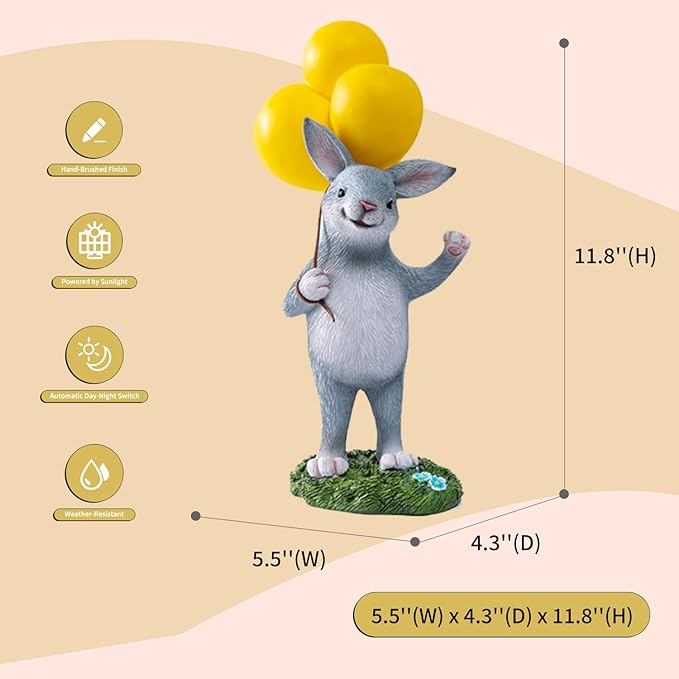 WHIMSYNOOK 11.8" Resin Rabbit with Balloon Solar LED Garden Statue Light, Ideal for Porch, Lawn, Yard, Housewarming, or Birthday Gifts for Mom, Family, and Bunny Lovers