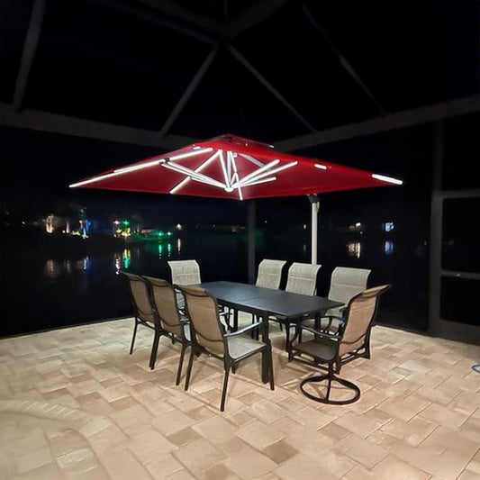 PURPLE LEAF 9' X 12' Solar Powered LED Rectangle Patio Umbrella Offset Cantilever Umbrellas Outdoor Market Umbrella Double Top Deluxe Garden Umbrellas, Terra