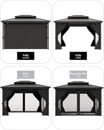 GAOMON Hardtop Gazebo 10'x14' for All Weather, with Double Metal Roof, Aluminum Alloy Frame, Net, and Curtain, Permanent Building of Backyard Luxury for Patio, Deck, Backyard, Lawn, and Garden, Gray