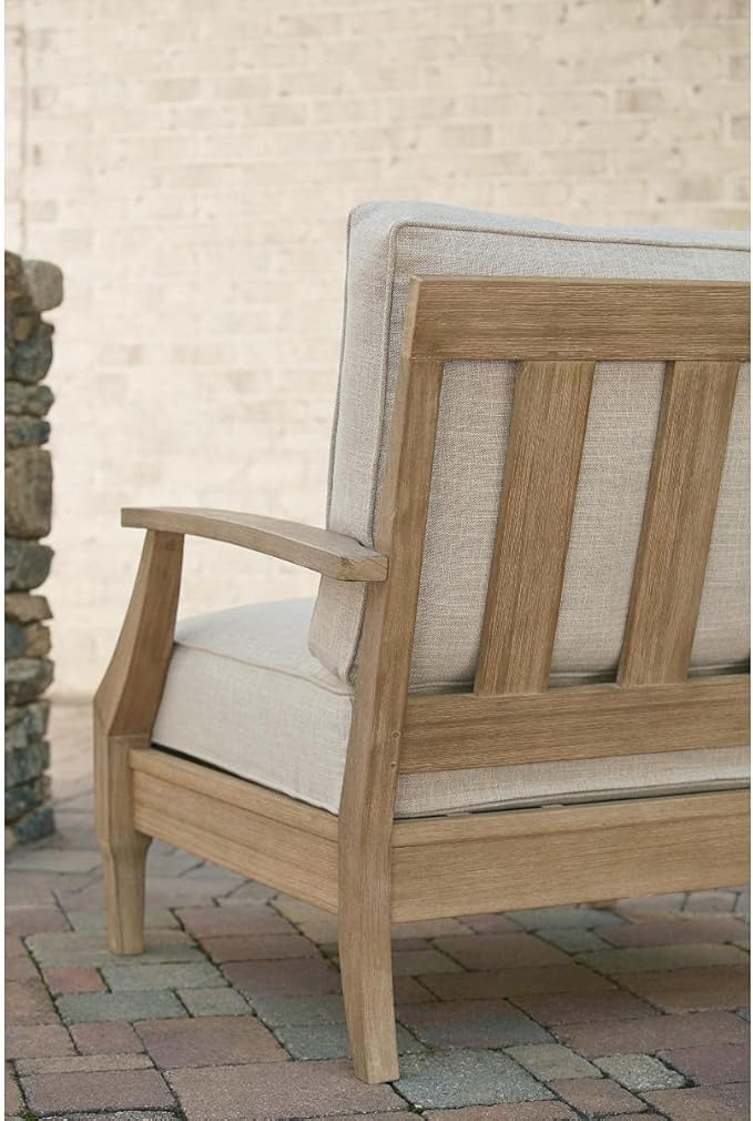 Signature Design by Ashley Clare View Outdoor Eucalyptus Wood Lounge Chair – Cushioned with Nuvella Fabric, 5-Step Protective Finish , Beige