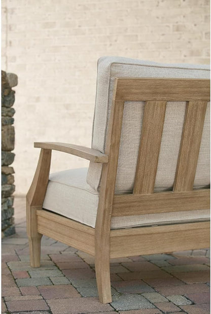 Signature Design by Ashley Clare View Outdoor Eucalyptus Wood Lounge Chair – Cushioned with Nuvella Fabric, 5-Step Protective Finish , Beige