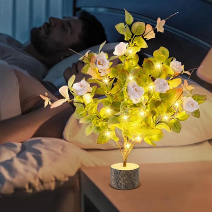 19 Inch Artificial Rose Tree Lights, Faux Silk Flower Tree with Butterfly Ivy, Prelit Tabletop Tree with Timer for Living Room Home Indoor Outdoor Decor (Pink Green)