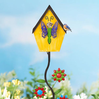 51” Bird Houses Stake for Outside, Metal Wild Bird Feeder Birdhouse Stake Pole with Butterfly Design Outdoor Decorations for Patio, Backyard, Garden