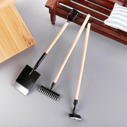 3Pcs Miniature Garden Tools 1:12 Mini Shovels and Rake Farm Tools Fairy Garden Furniture Dollhouse Accessories (Green)