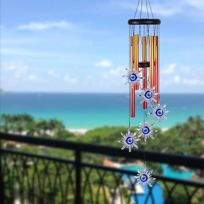 Blue Evil Eye Sun Wind Chimes Outdoor Decor, Mobile Sun Evil Eye Wind Catcher, Evil Eye Sun Wind Bells, Sun Blue Evil Eye Amulet Wind Chimes for Home, Gift for Mom, Balcony, Patio, Garden Decoration